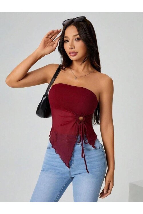 Bordo Straplez Tül Detaylı Büzgülü Crop Bluz
