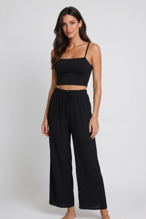 Bürümcük Kumaş Lastikli Bel Salaş Pantolon – Siyah Rahat Kesim Günlük Şıklık