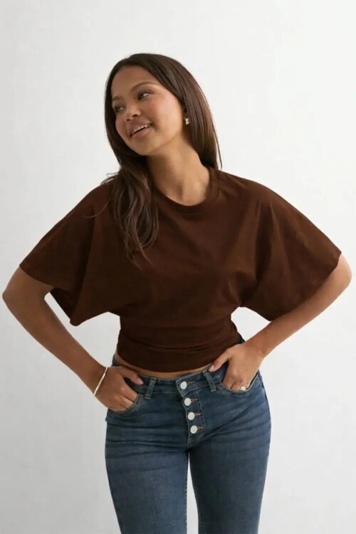 Dalgıç Kumaş Bele Oturan Bisiklet Yaka Geniş Kısa Kollu Bluz