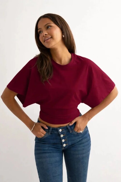 Dalgıç Kumaş Bele Oturan Bisiklet Yaka Geniş Kısa Kollu Bluz