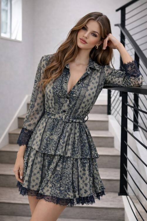 Dantel Dokulu Kat Kat Mini Elbise – Kemer Detaylı Şifon Görünüm