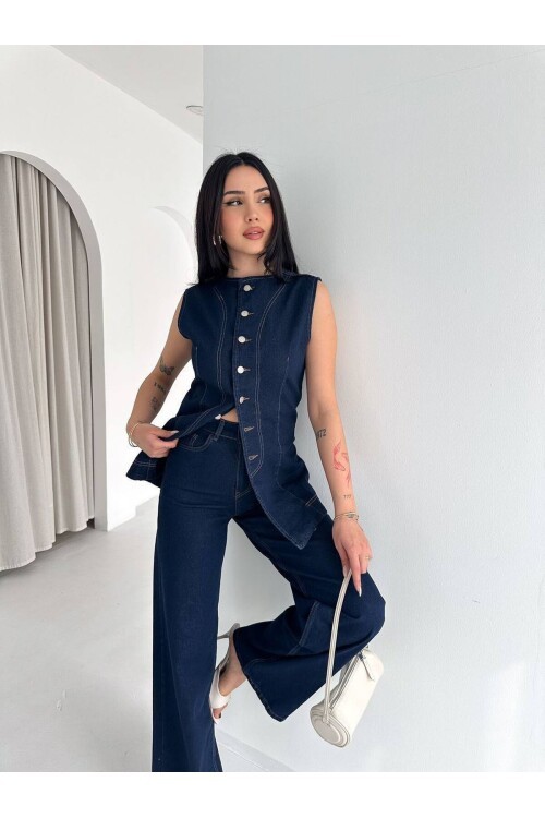 Düğme Detaylı Denim Yelek & Pantolon Takım – Lacivert