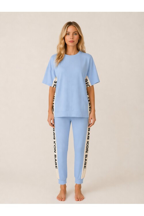 ICONE BABE Şerit Detaylı Oversize T-Shirt & Jogger Takım – Mavi