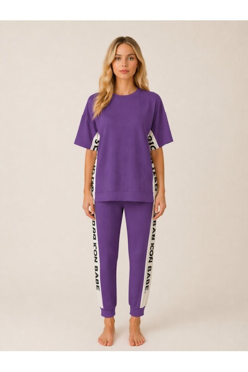 ICONE BABE Şerit Detaylı Oversize T-Shirt & Jogger Takım – Mor