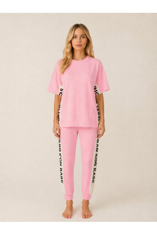 ICONE BABE Şerit Detaylı Oversize T-Shirt & Jogger Takım – Pembe