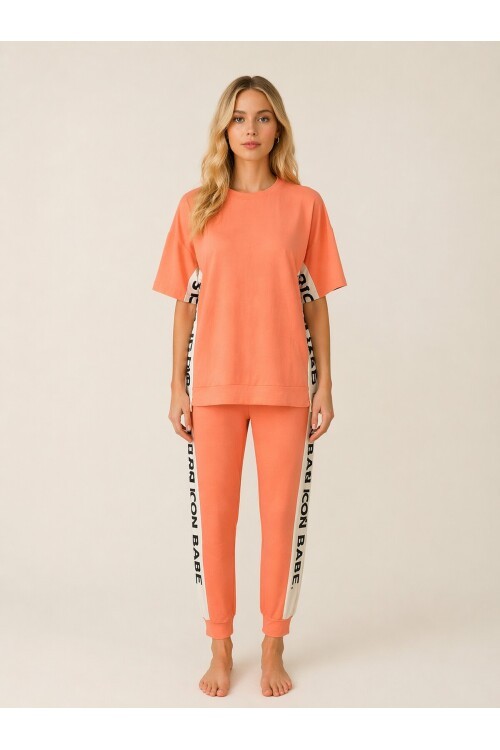 ICONE BABE Şerit Detaylı Oversize T-Shirt & Jogger Takım – Somon