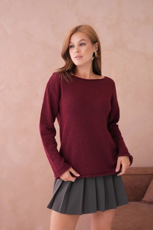 Kadın Bordo Basic Oversize Kayık Yaka Dokulu Triko Kazak