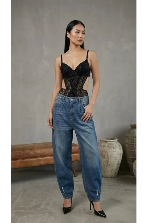 Kadın Dantelli Siyah Deri Transparan Çıtçıtlı Bodysuit