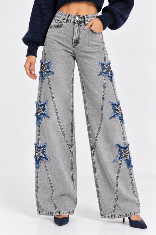 Kadın Gri Yıkamalı Yıldız Aplikeli Yüksek Bel Wide Leg Jean Pantolon