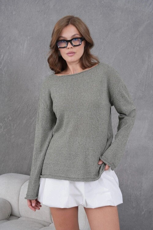 Kadın Haki Basic Oversize Kayık Yaka Dokulu Triko Kazak