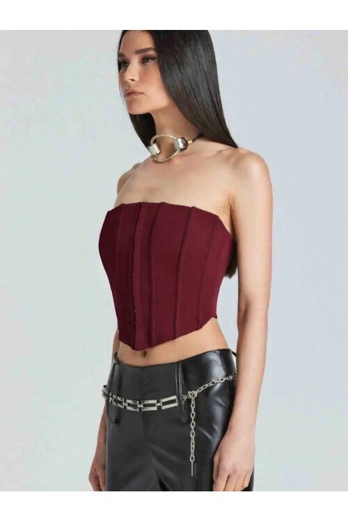 Kadın Şık Korse Crop Top - Straplez Düğmeli Büstiyer Bordo