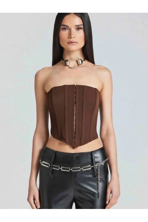 Kadın Şık Korse Crop Top - Straplez Düğmeli Büstiyer Kahve