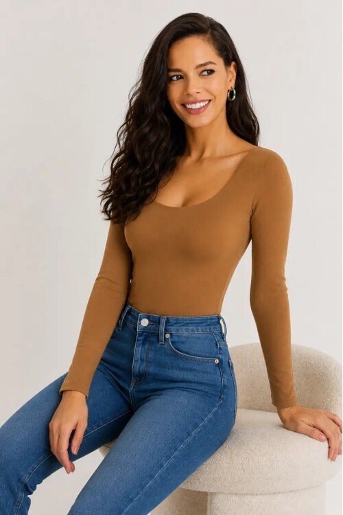 Kadın U Yaka Uzun Kollu Esnek Basic Bluz – Camel