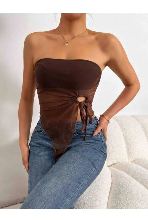 Kahverengi Straplez Tül Detaylı Büzgülü Crop Bluz