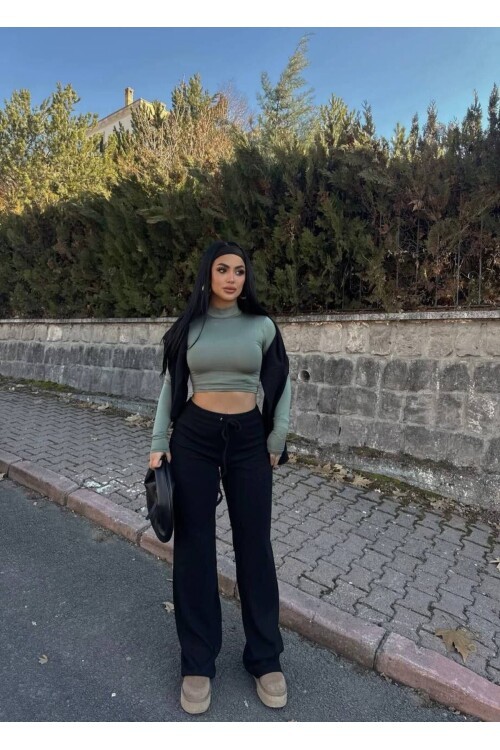 Kaşkorse Kumaş Kuş gözlü Siyah Eşofman Pantolon