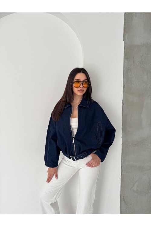 Kemer Detaylı Oversize Denim Ceket – Lacivert