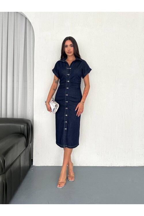 Koyu Lacivert Düğmeli Midi Boy Jean Elbise