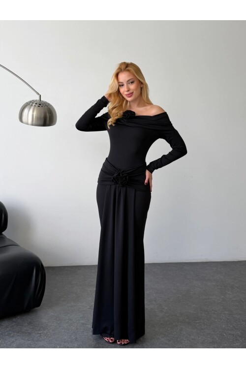 Likralı Modal Kumaş Çiçek Aksesuarlı Maxi Boy Elbise