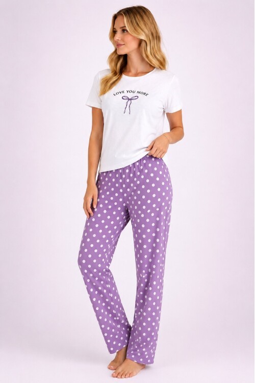 Love You More Baskılı Lila Puantiyeli Pijama Takımı