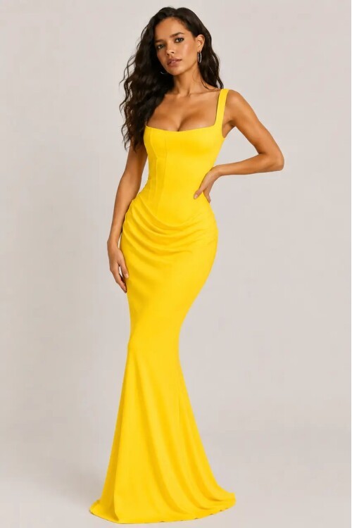 Maxi Boy Ayarlanabilir Korse Detaylı Elbise – Sarı