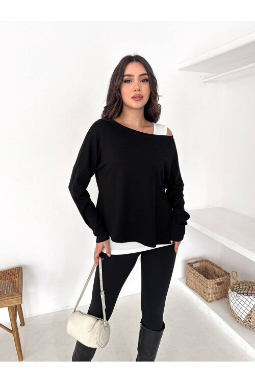 Minimal Şıklık Siyah Oversize Bluz & Beyaz Atlet 2’li Takım