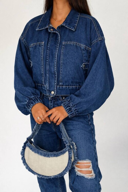 Oversize Lastik Manşetli Denim Ceket – Koyu Mavi