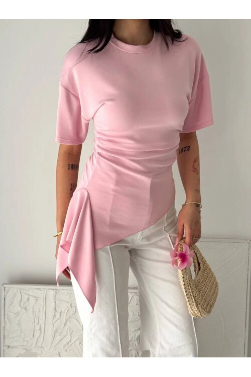 Pembe Asimetrik Drapeli Modern Basic Bluz