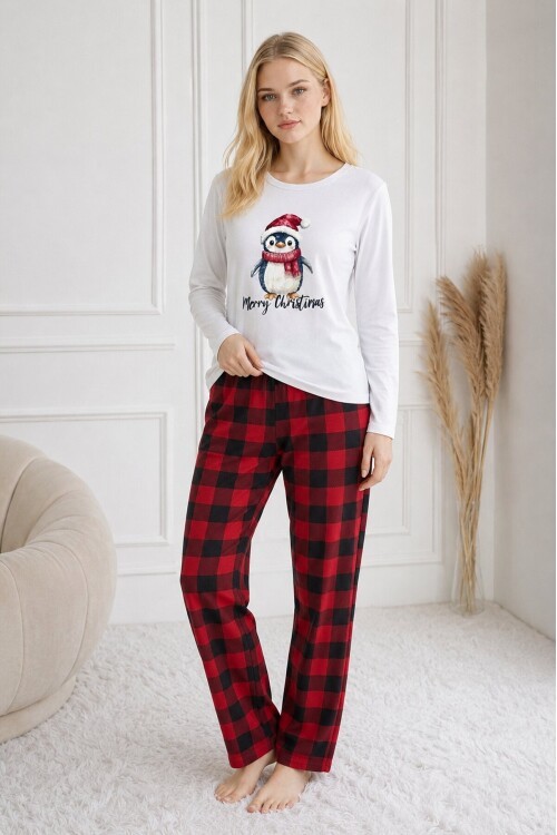 Penguen Baskılı Uzun Kollu Kadın Pijama Takımı