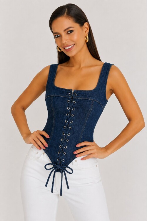 Retro Denim Bağcıklı Korse – Lacivert