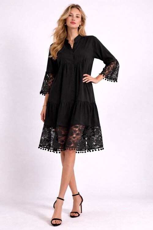 Siyah Hakim Yaka Düğmeli Tül Detaylı Viskon Elbise