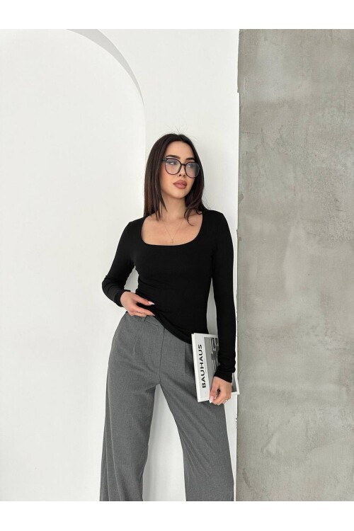 Siyah Kare Yaka Uzun Kollu Basic Bluz – Esnek Kumaş Günlük Şık Kadın Bluz