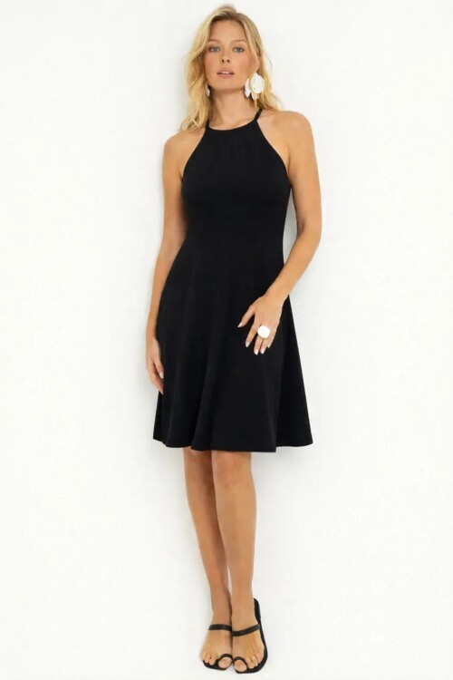 Siyah Kaşkorse Halter Yaka Mini Elbise