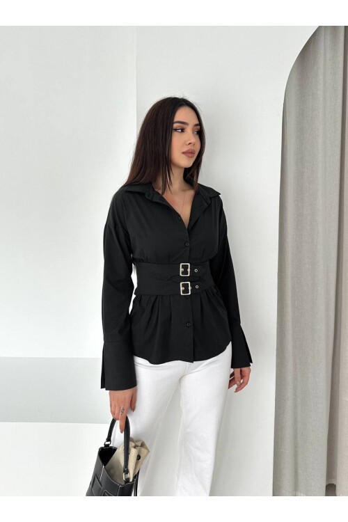 Siyah Korseli Detaylı Şık Gömlek – Bel Vurgulu Modern Kesim