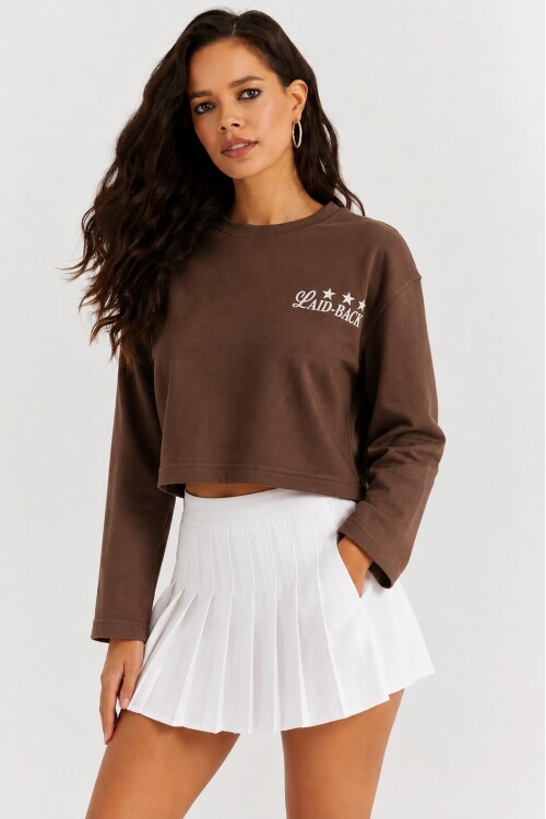 Yıldız Baskılı Crop Sweatshirt - Kahverengi