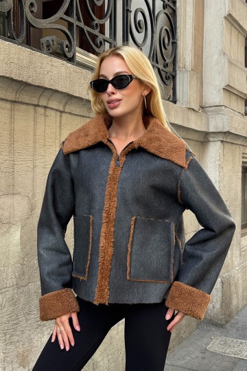 Antrasit Çift Cepli İçi Suni Kürklü Biker Mont