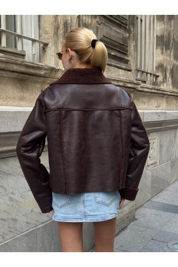 Antrasit Çift Cepli İçi Suni Kürklü Biker Mont