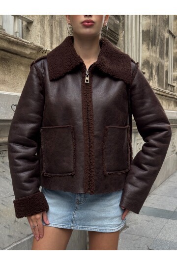 Antrasit Çift Cepli İçi Suni Kürklü Biker Mont