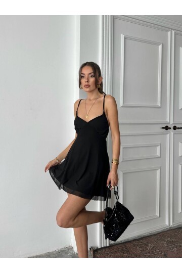 Astarlı Tül Mini Elbise Siyah