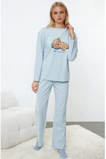 Ayıcık Baskılı Mavi Uzun Kollu Pijama Takımı
