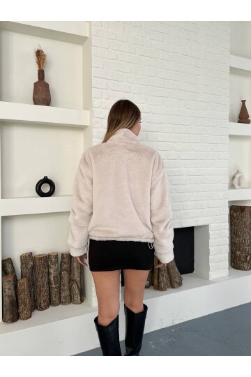 Bej Peluş Fermuarlı Crop Mont