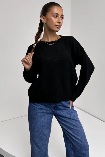 Bisiklet Yaka Baklava Desenli Triko Kazak Siyah