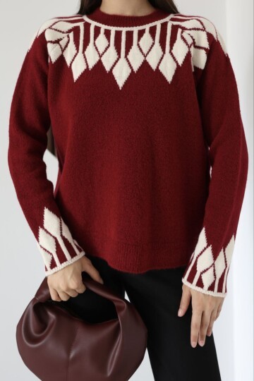 Bisiklet Yaka Desenli Triko Kazak Bordo