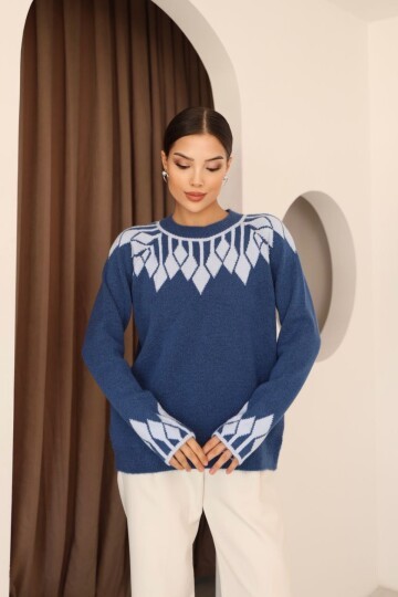 Bisiklet Yaka Desenli Triko Kazak Mavi