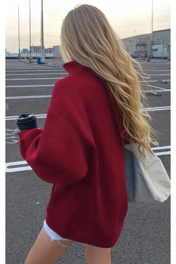 Bordo NYC Fermuarlı Üç İplik Oversize Sweatshirt