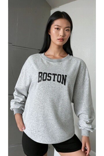 Boston Baskılı Gri Oversize Üç İplik Kadın Sweatshirt