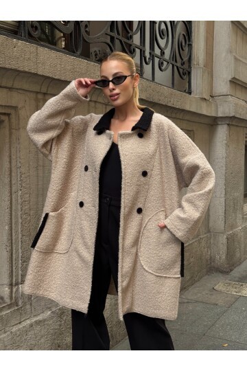 Buklet Kumaş Yaka Detay Düğmeli Mont Bej