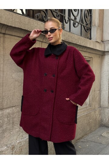Buklet Kumaş Yaka Detay Düğmeli Mont Bordo