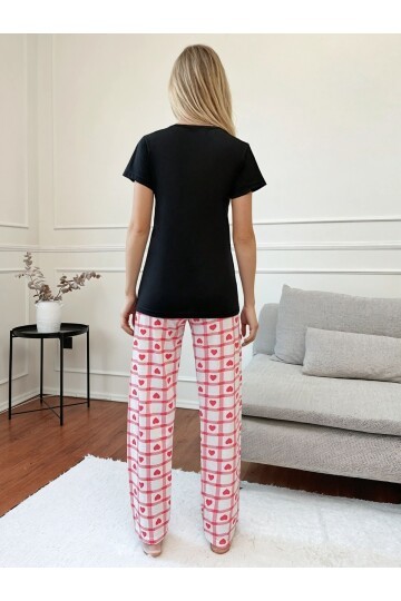 But First Coffee Yazılı Siyah Tişört  Kalpli Desen Kısa Kol Pijama Takımı