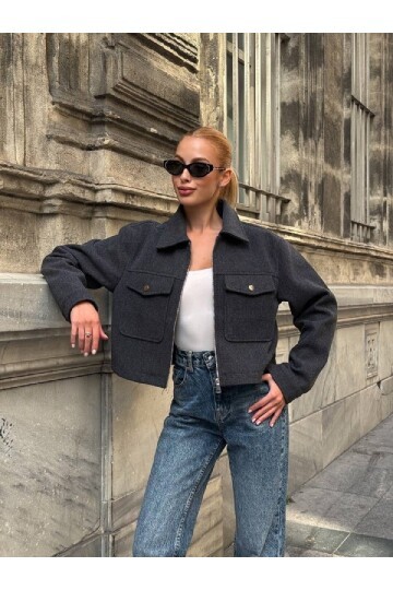 Cep Detay Kaşe Ceket Gri