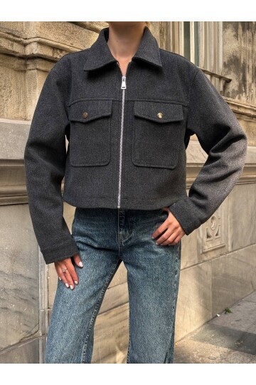 Cep Detay Kaşe Ceket Gri